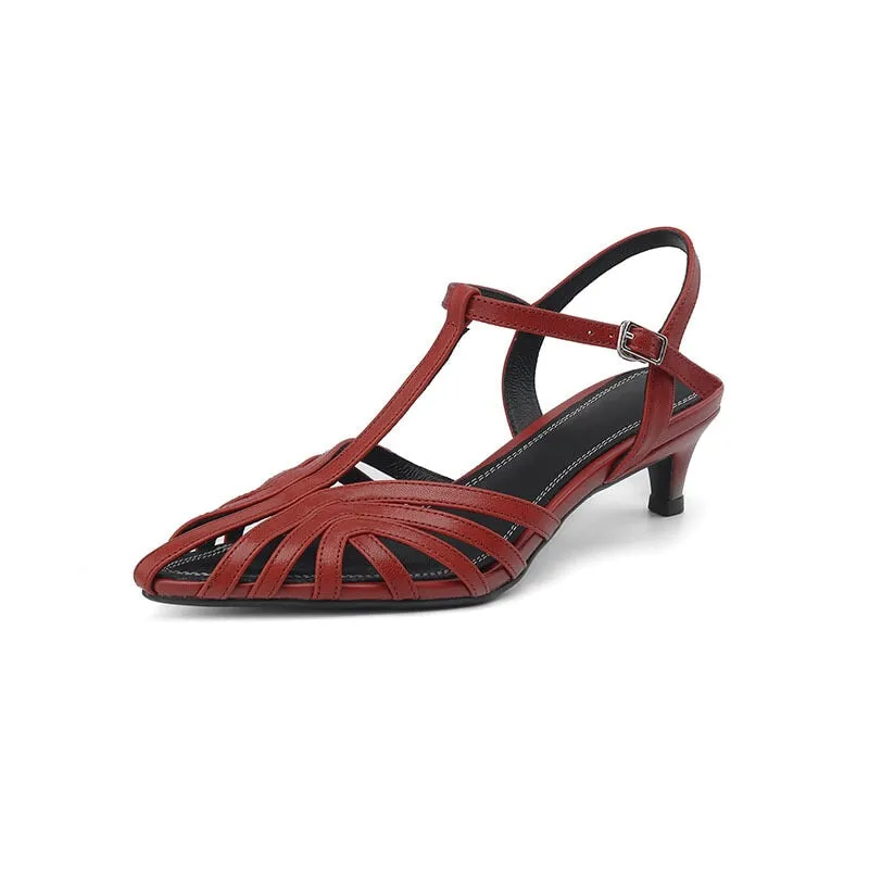 45mm Kitty Heel Sandals Women Leather Woven Ankle Strap Ladies Summer Shoes in Red/Beige/Black