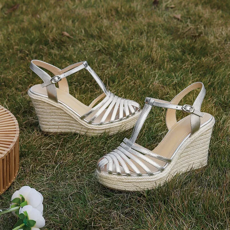 95mm Slingback Espadrille-Wedge Leather Sandals Ankle Strap in Beige/Silver