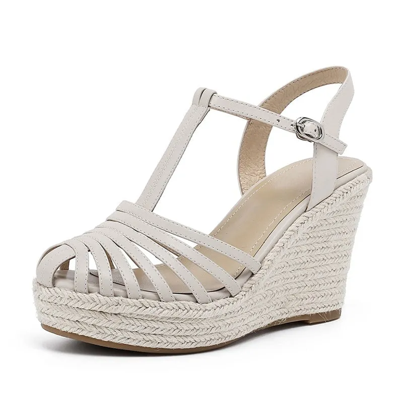 95mm Slingback Espadrille-Wedge Leather Sandals Ankle Strap in Beige/Silver