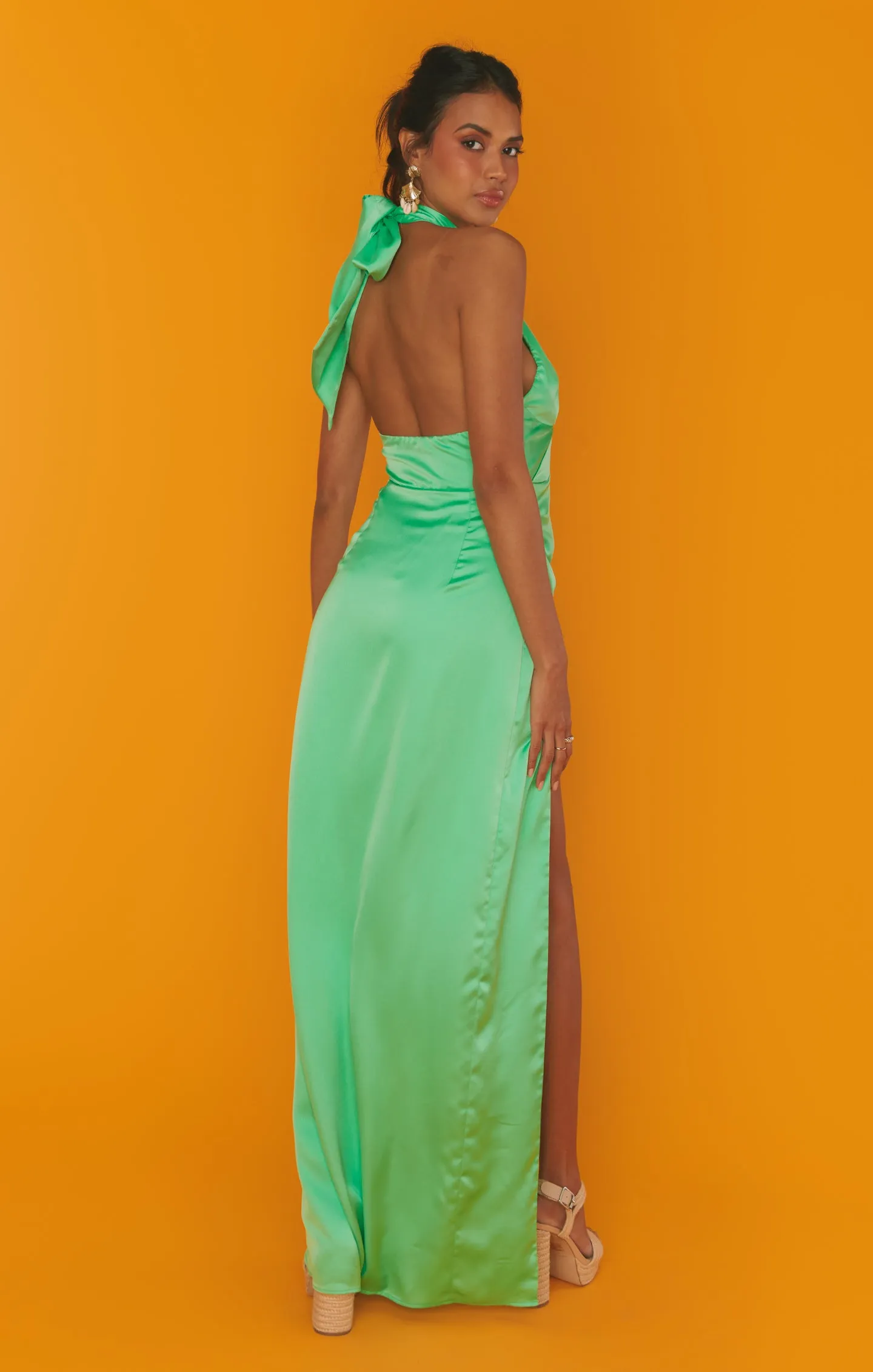 Adele Halter Maxi Dress ~ Kiwi Luxe Satin