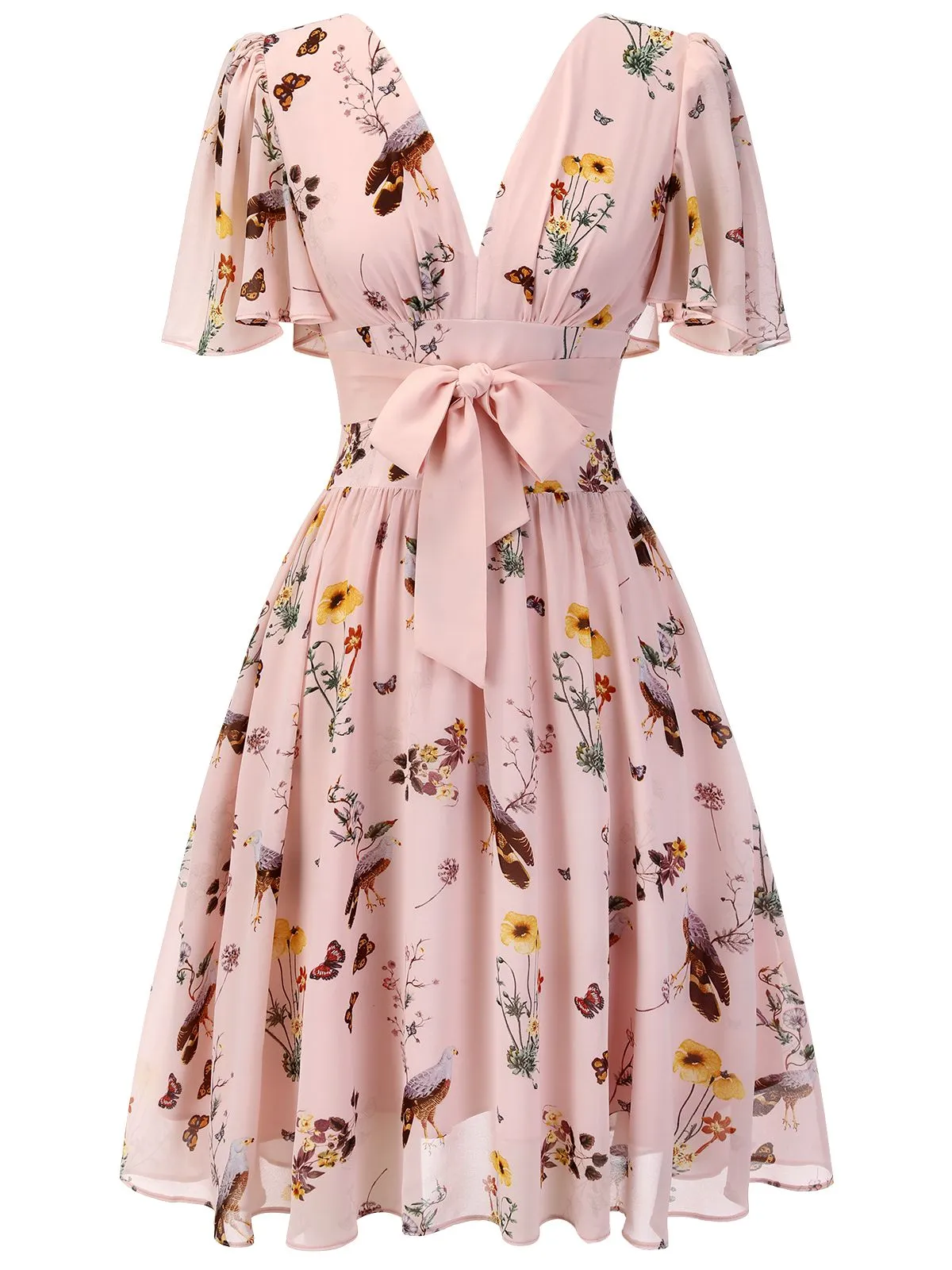 AGATHA | PINK V-NECK FLORAL BOW DRESS