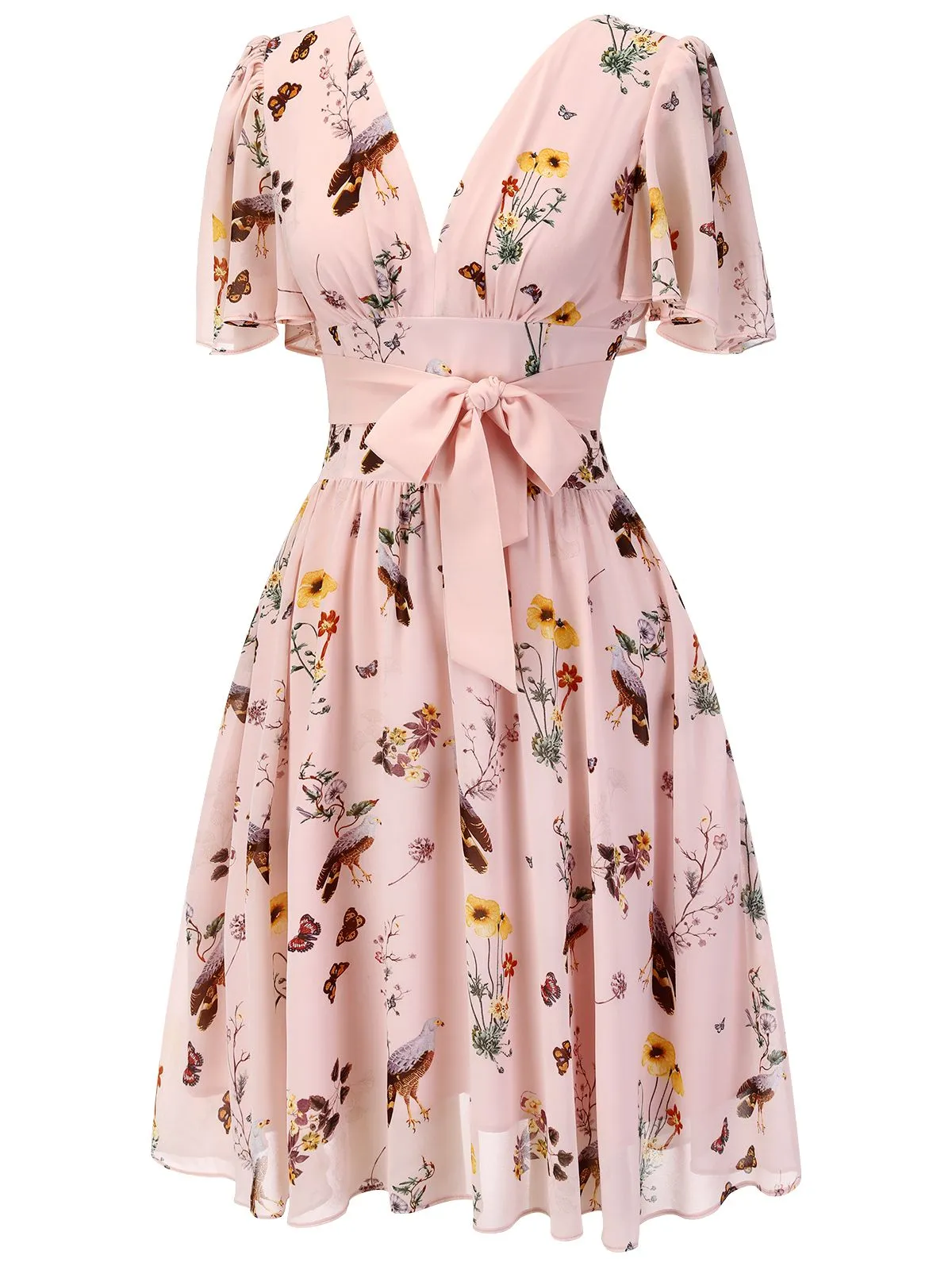 AGATHA | PINK V-NECK FLORAL BOW DRESS