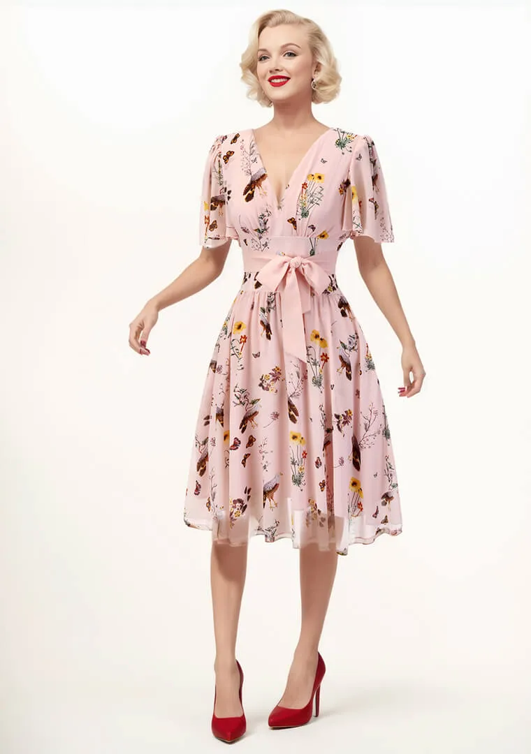 AGATHA | PINK V-NECK FLORAL BOW DRESS