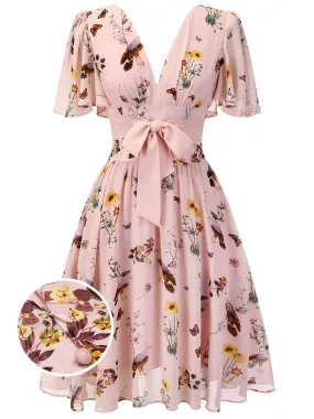 AGATHA | PINK V-NECK FLORAL BOW DRESS