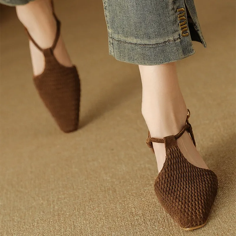 Almond Toe Woven Sheepskin Slingback Kitty Heel Sandals Ankle Strap in Black/Apricot/Brown