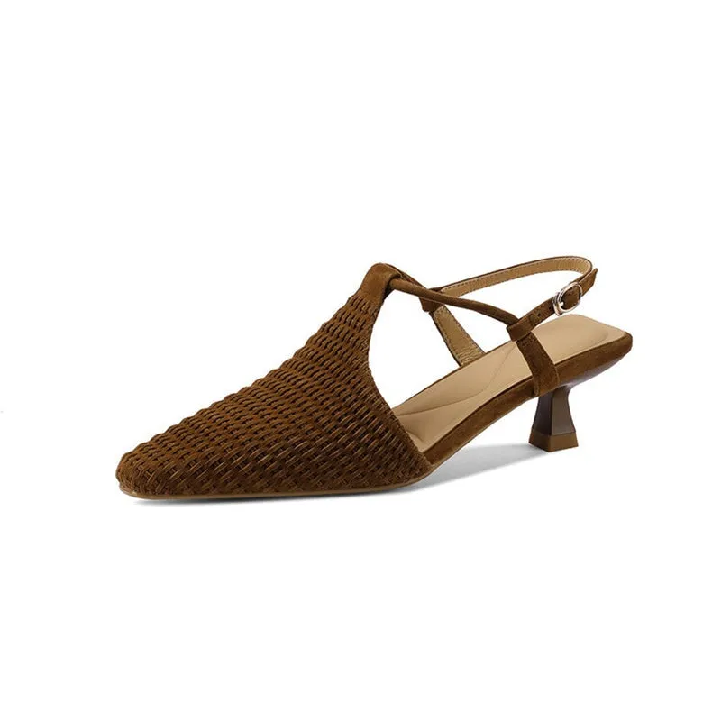 Almond Toe Woven Sheepskin Slingback Kitty Heel Sandals Ankle Strap in Black/Apricot/Brown