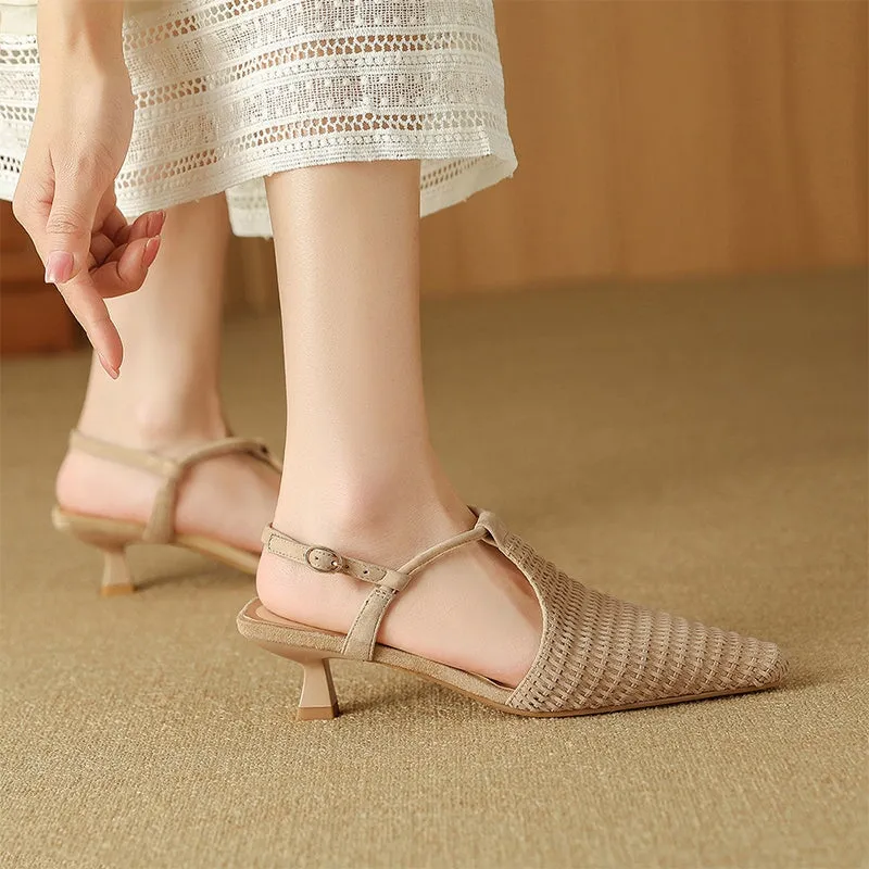 Almond Toe Woven Sheepskin Slingback Kitty Heel Sandals Ankle Strap in Black/Apricot/Brown