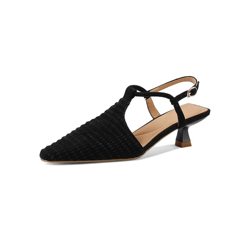 Almond Toe Woven Sheepskin Slingback Kitty Heel Sandals Ankle Strap in Black/Apricot/Brown