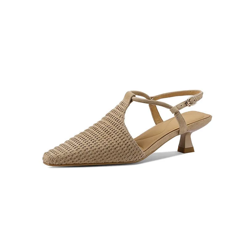 Almond Toe Woven Sheepskin Slingback Kitty Heel Sandals Ankle Strap in Black/Apricot/Brown