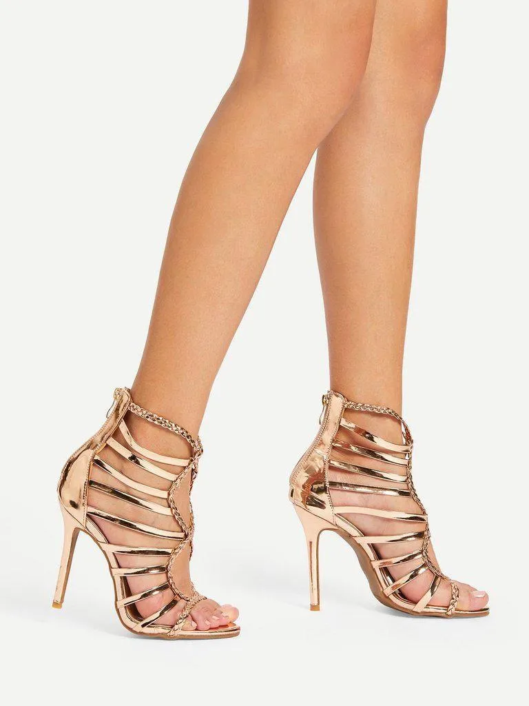 Back Zipper Cut Out PU Heeled Sandals