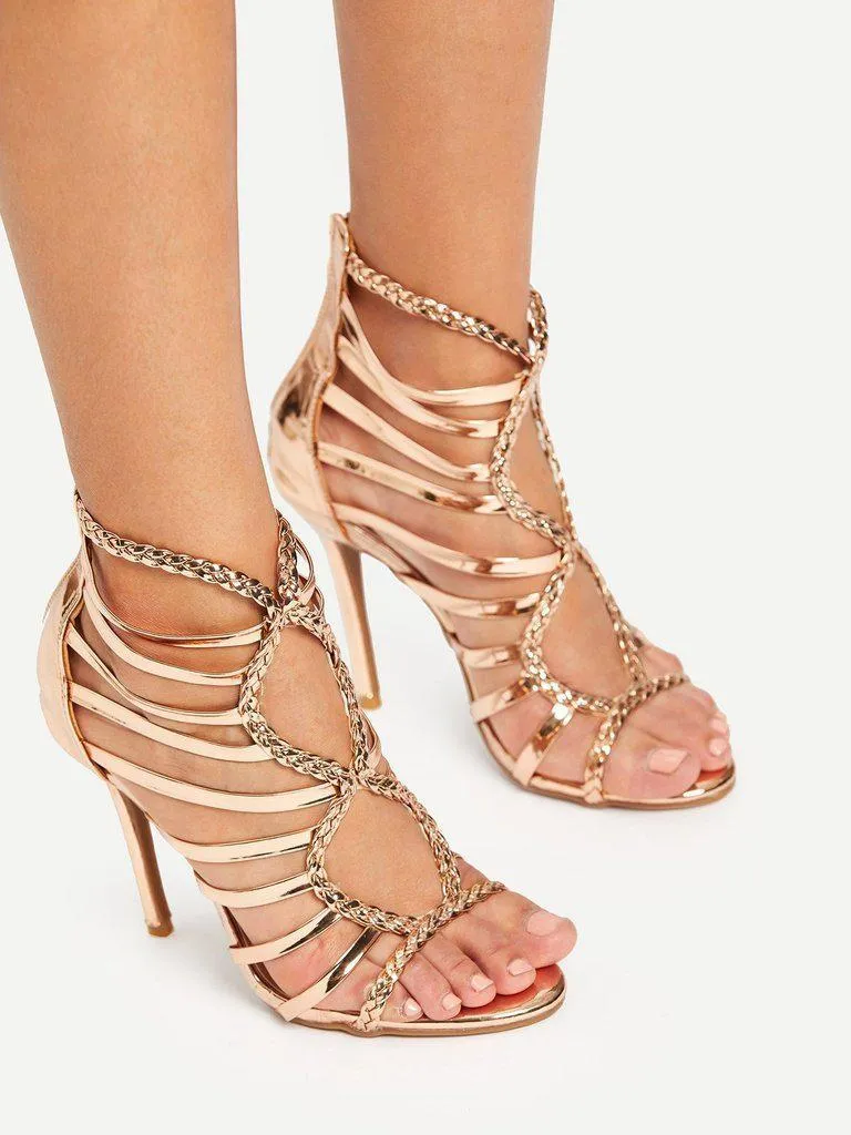 Back Zipper Cut Out PU Heeled Sandals