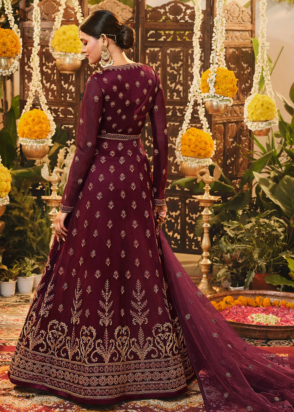 Beautiful Maroon Net Embroidered Designer Floor Length Anarkali