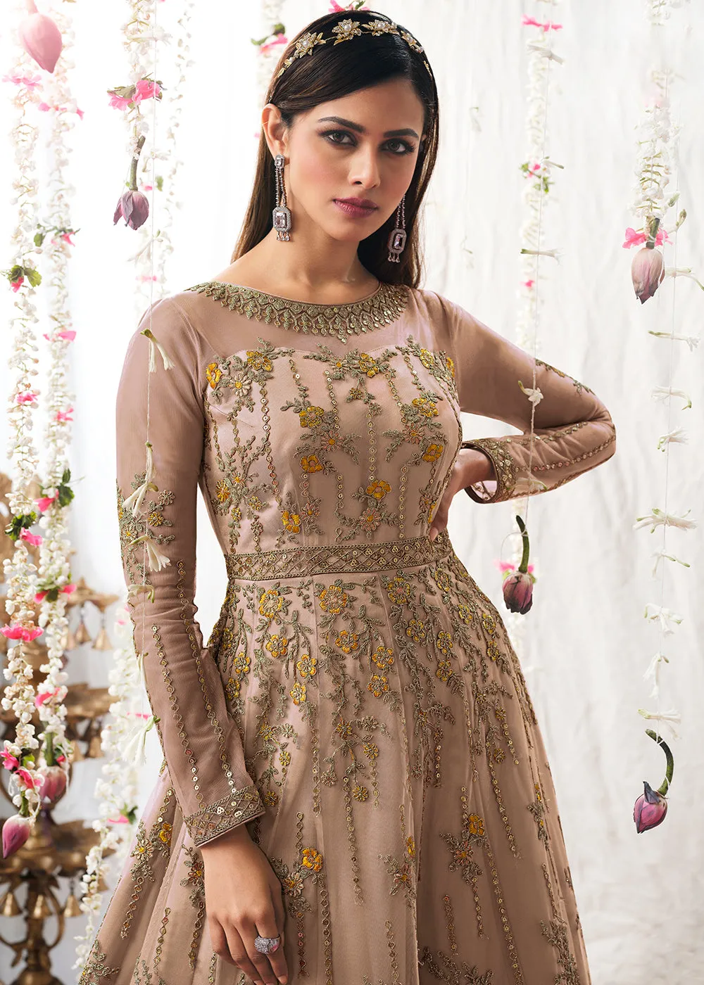 Beige Gold Wedding Festive Floor Length Anarkali Suit