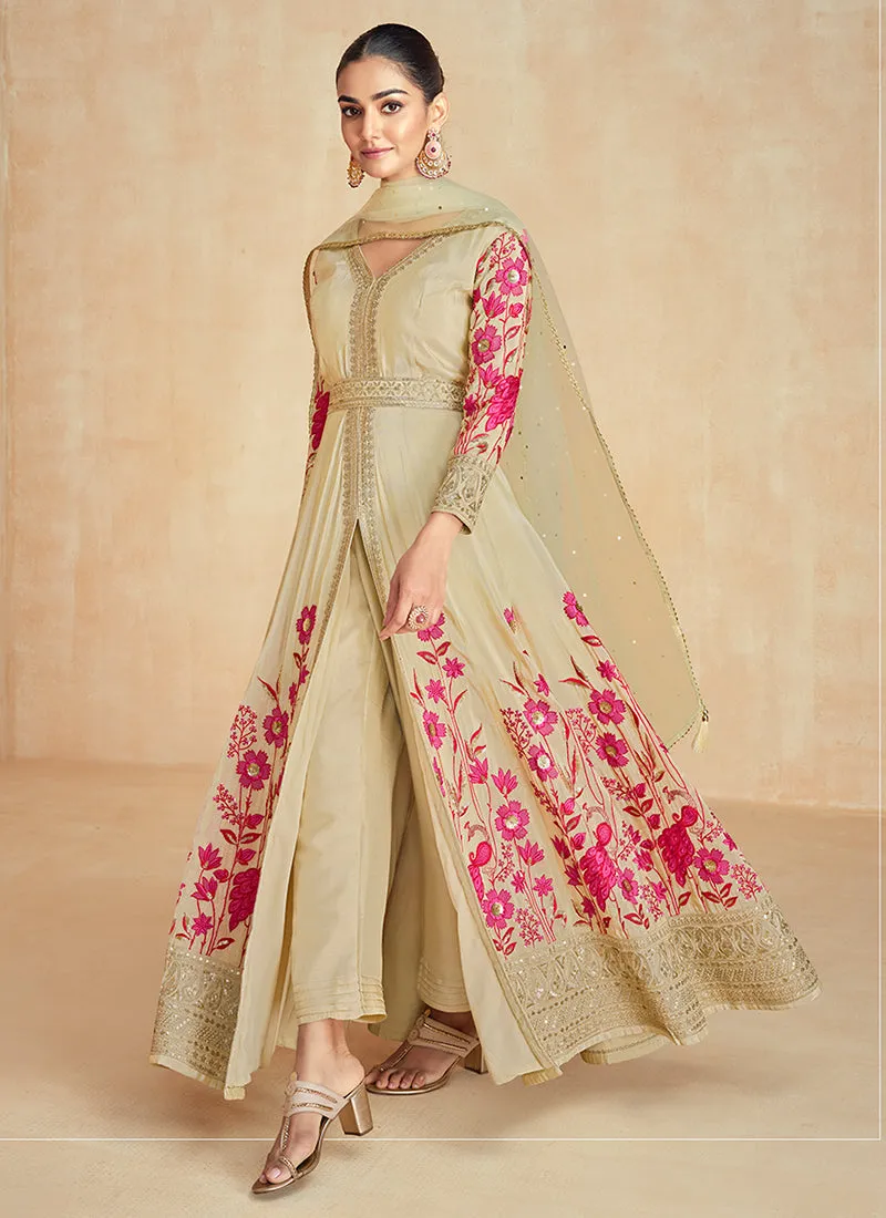 Beige Multi Embroidery Slit Style Anarkali Pant Suit