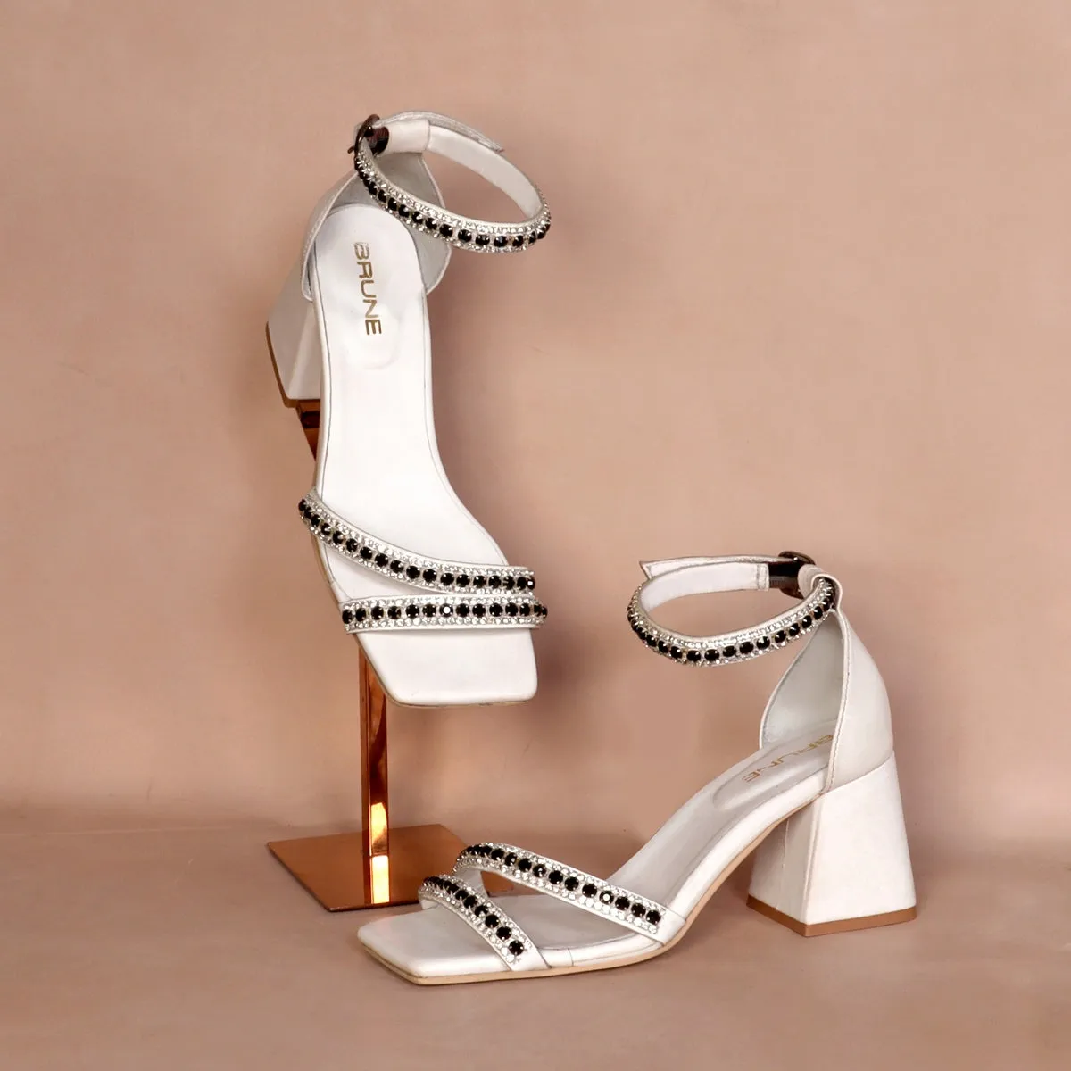 Black & White rhinestone Embellishment White Blocked Heel Buckled Strap Ladies Sandal By Brune & Bareskin