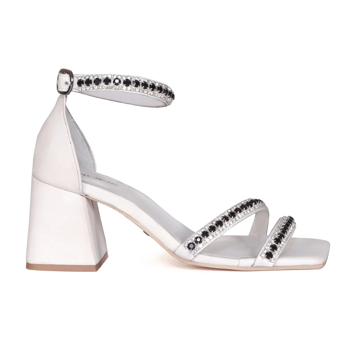 Black & White rhinestone Embellishment White Blocked Heel Buckled Strap Ladies Sandal By Brune & Bareskin