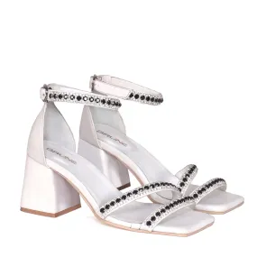 Black & White rhinestone Embellishment White Blocked Heel Buckled Strap Ladies Sandal By Brune & Bareskin