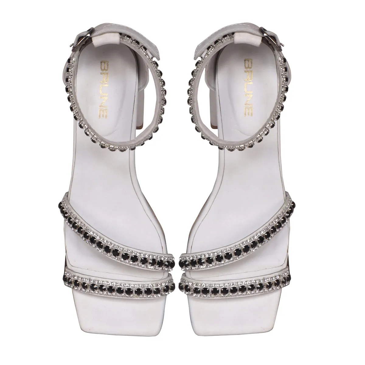 Black & White rhinestone Embellishment White Blocked Heel Buckled Strap Ladies Sandal By Brune & Bareskin