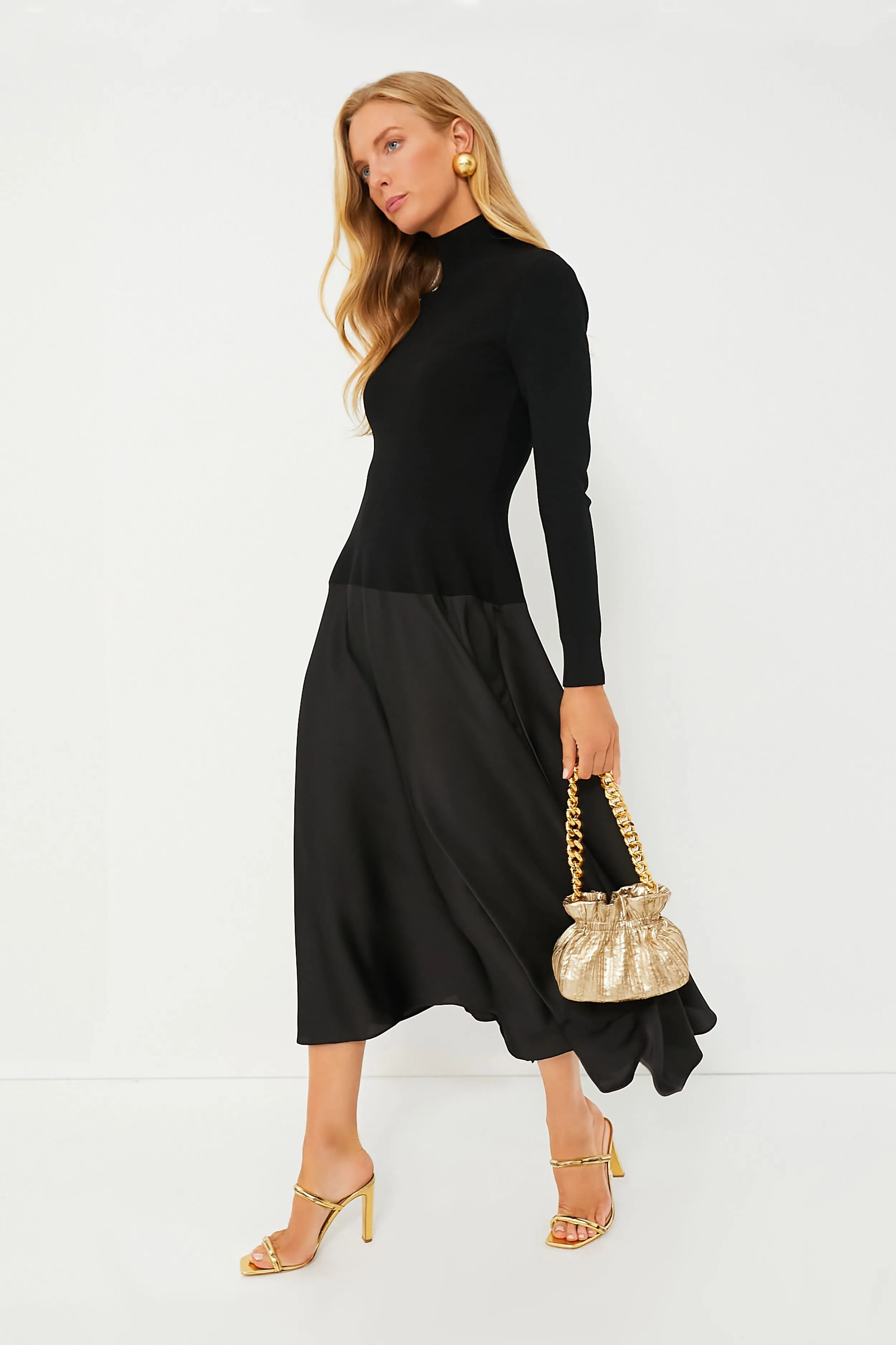 Black Frances Long Sleeve Satin Combo Midi Dress