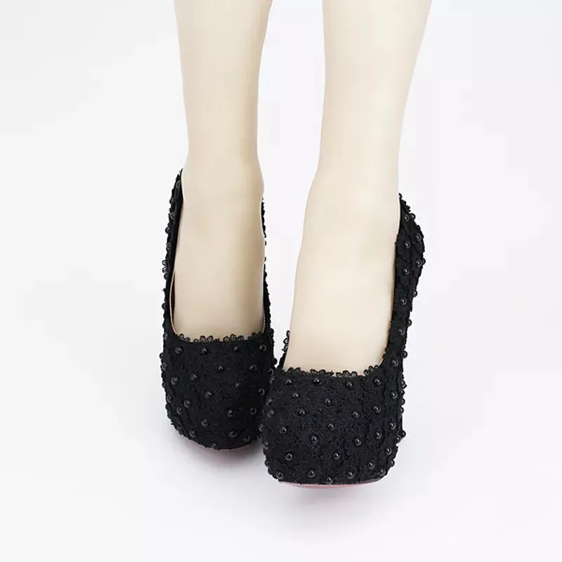 Black Lace and Pearl Woman Wedding Shoes