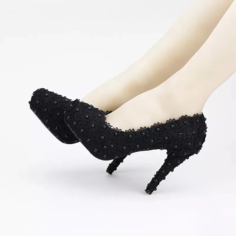 Black Lace and Pearl Woman Wedding Shoes