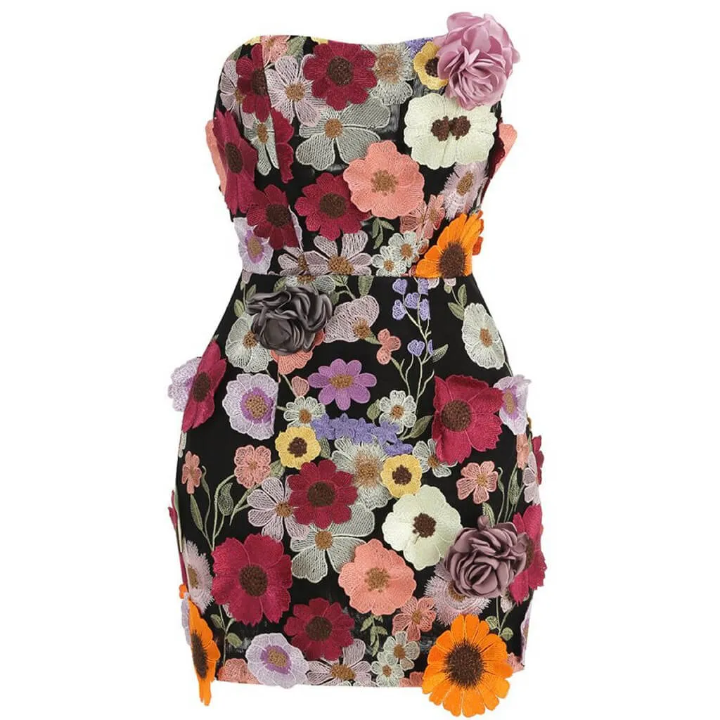 Blooming Floral Embroidered Strapless Lace Up Back Mesh Rosette Mini Dress