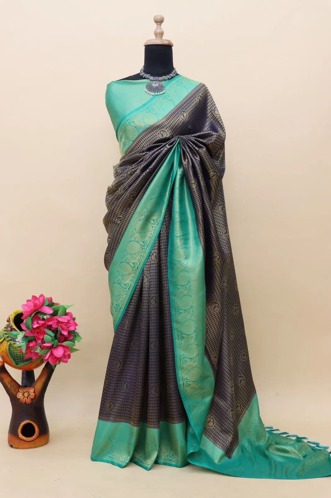 Blue Kuber Soft Silk Saree with Exquisite Golden Jari Work & Matching Blouse