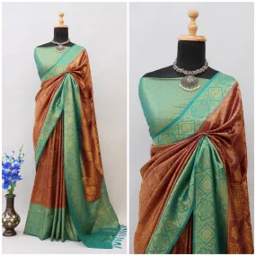 Brown Kuber Soft Silk Saree with Exquisite Golden Jari Work & Matching Blouse