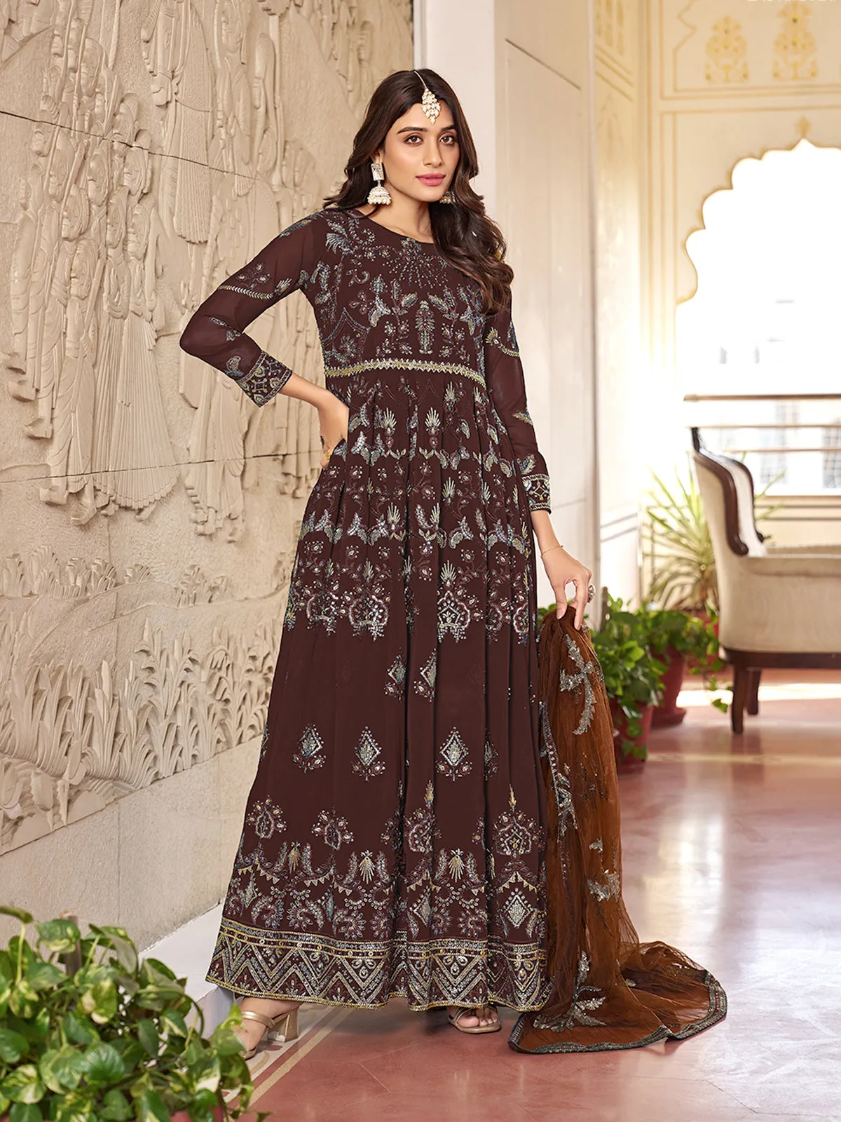 Brown Multi Embroidery Gerogette Anarkali Suit