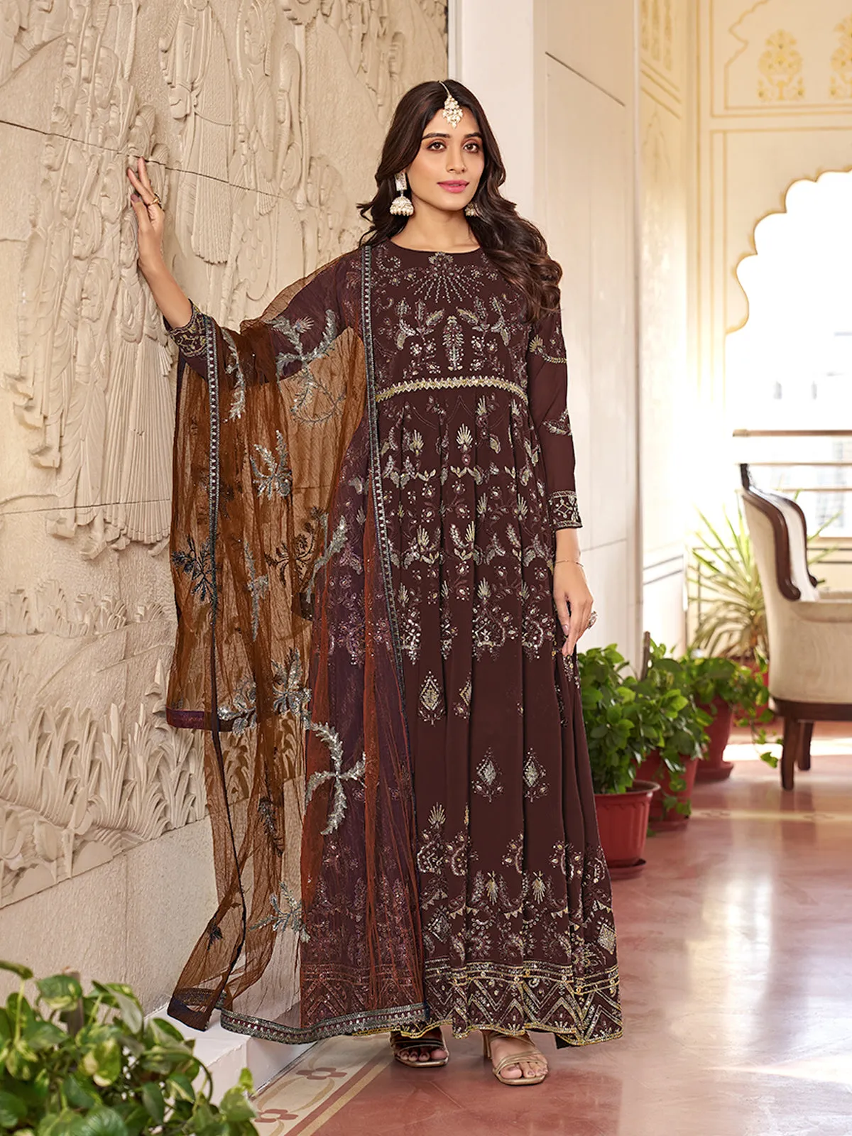 Brown Multi Embroidery Gerogette Anarkali Suit