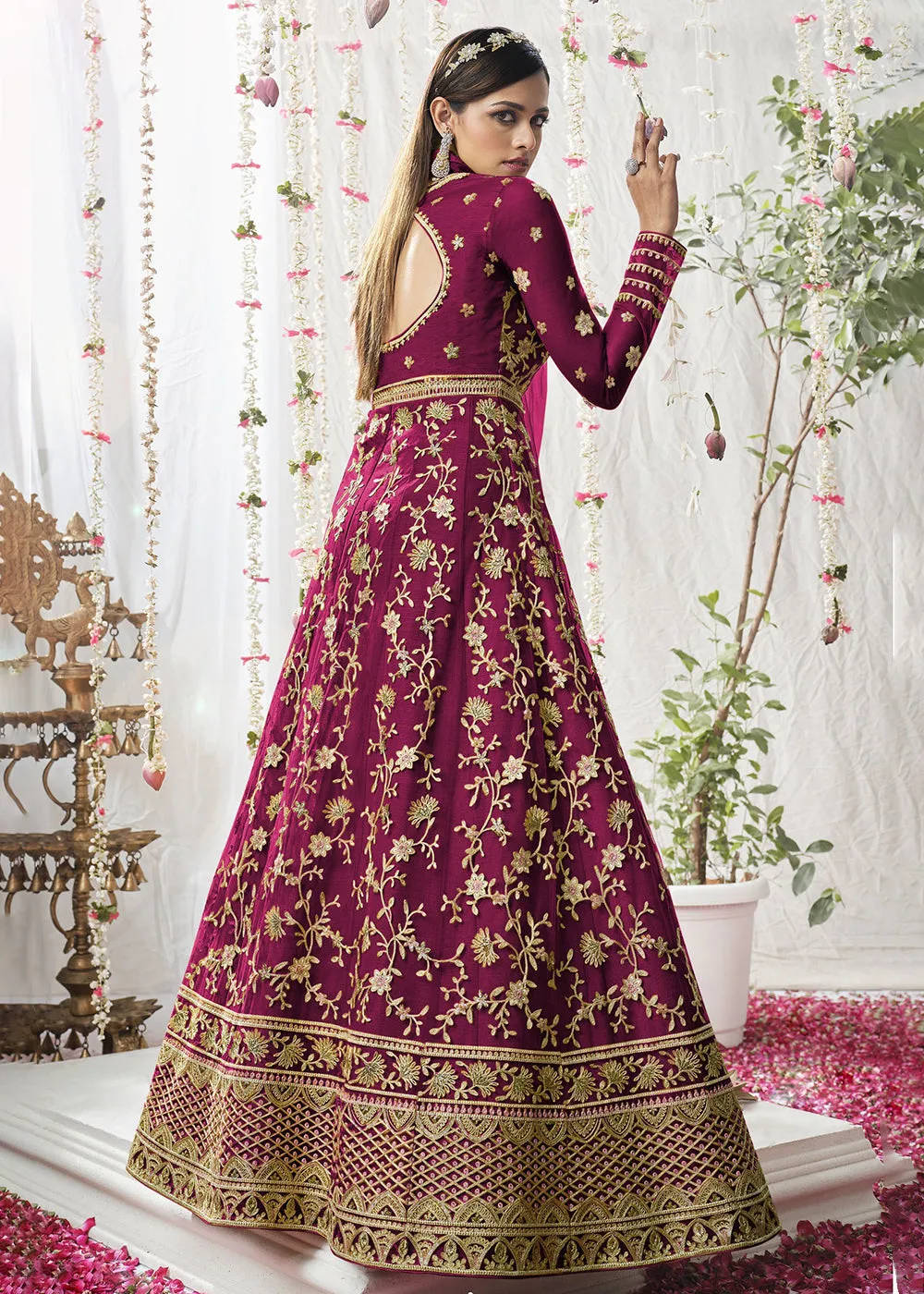 Captivating Hot Pink Wedding Festive Floor Length Anarkali Suit