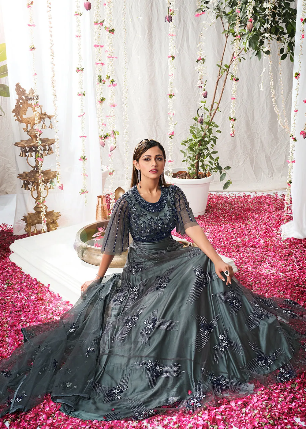 Charcoal Grey Wedding Festive Floor Length Anarkali Suit