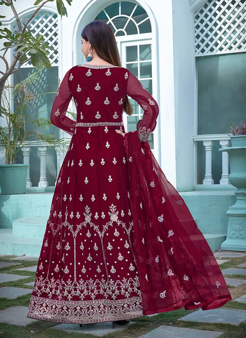 Cherry Red Embroidery Traditional Anarkali Suit