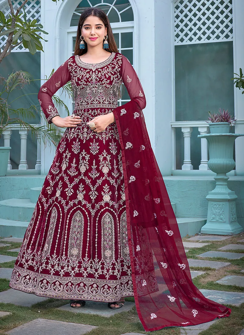 Cherry Red Embroidery Traditional Anarkali Suit