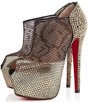 Christian Louboutin Aeronotoc 160 Black/Gold Nappa Stamp/Lace KAA Ring Strass Booties 38.5