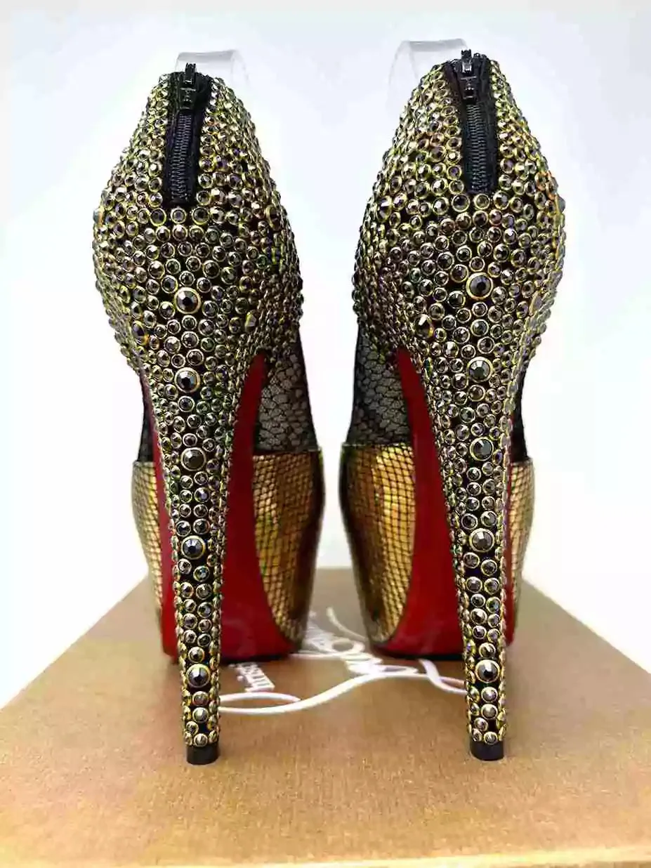 Christian Louboutin Aeronotoc 160 Black/Gold Nappa Stamp/Lace KAA Ring Strass Booties 38.5