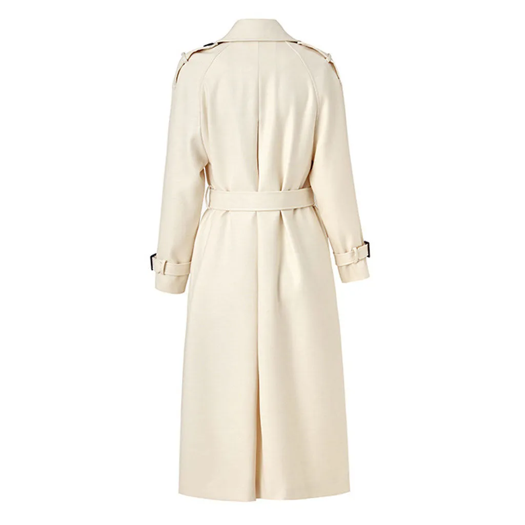 Classic Spread Collar Double Breasted Belted Wool Blend Trench Coat