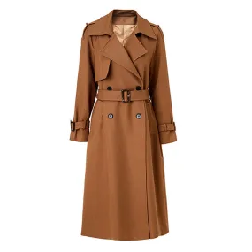 Classic Spread Collar Double Breasted Belted Wool Blend Trench Coat