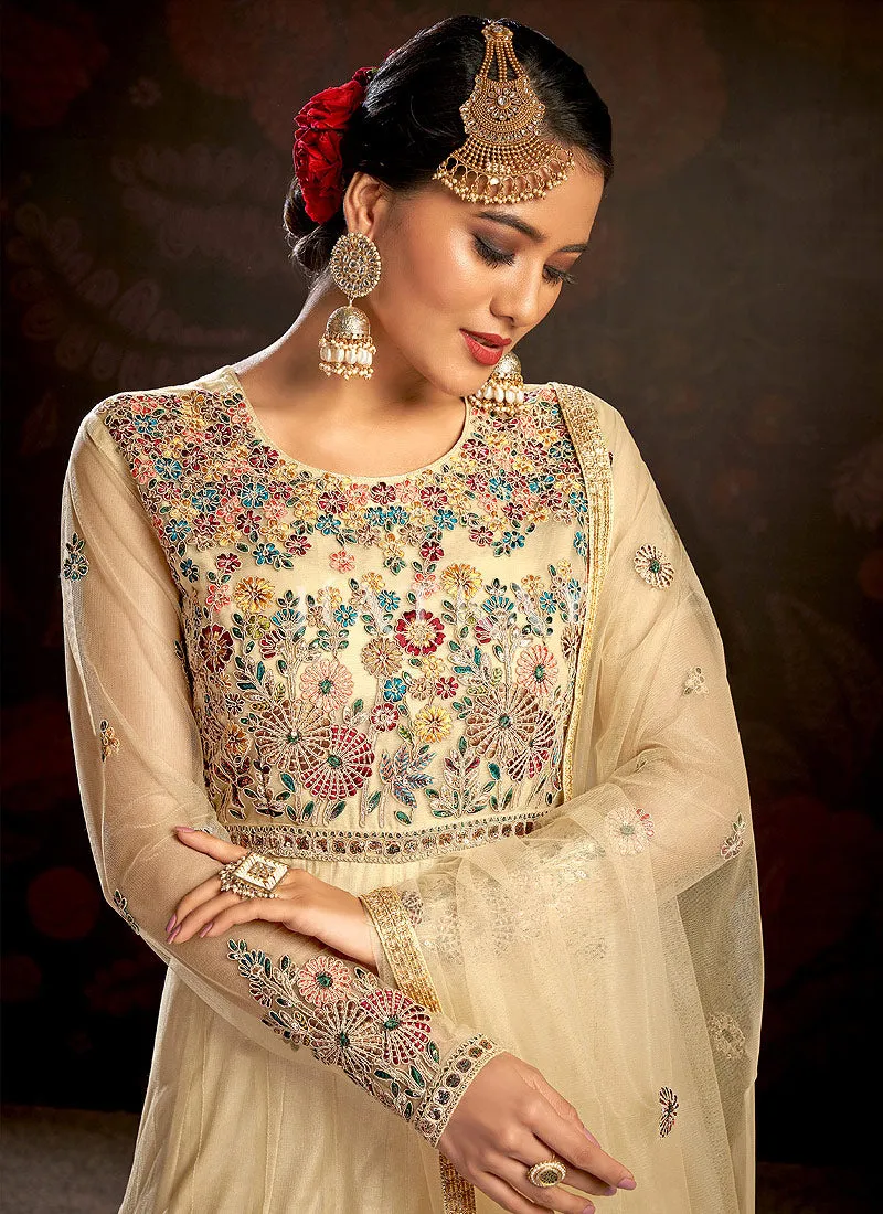 Cream Beige Multi Embroidered Wedding Anarkali Suit