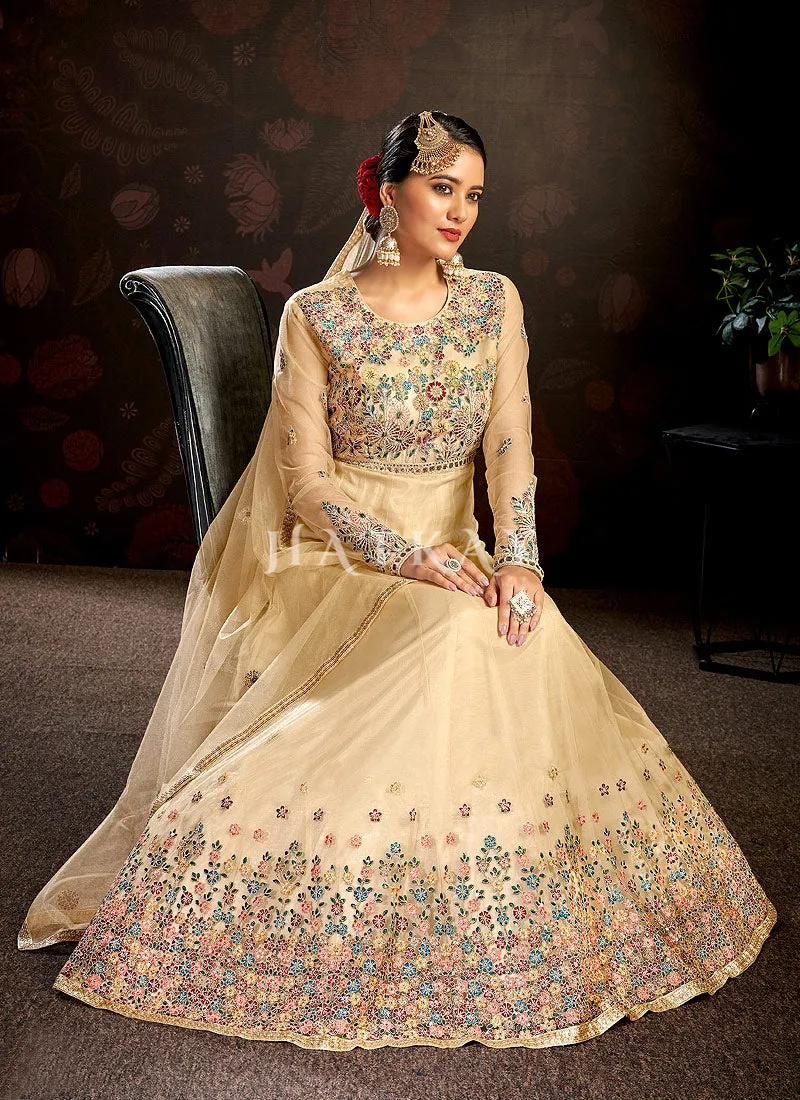 Cream Beige Multi Embroidered Wedding Anarkali Suit