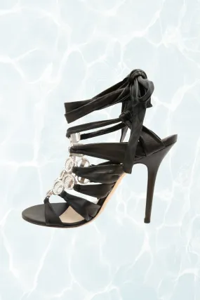 Crystal Marine Black Leather Ankle Wrap Sandals