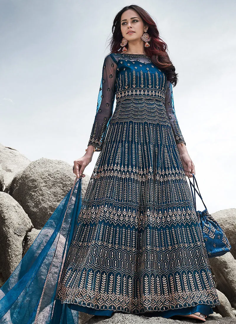 Dark Blue Designer Anarkali Pant Style Suit