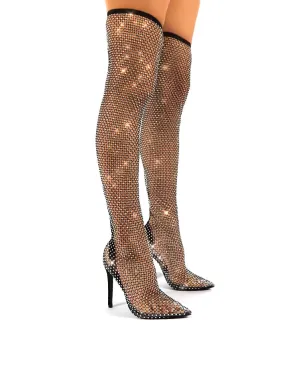 Deal Breaker Black Diamante Fishnet Stiletto Over the Knee High Heels