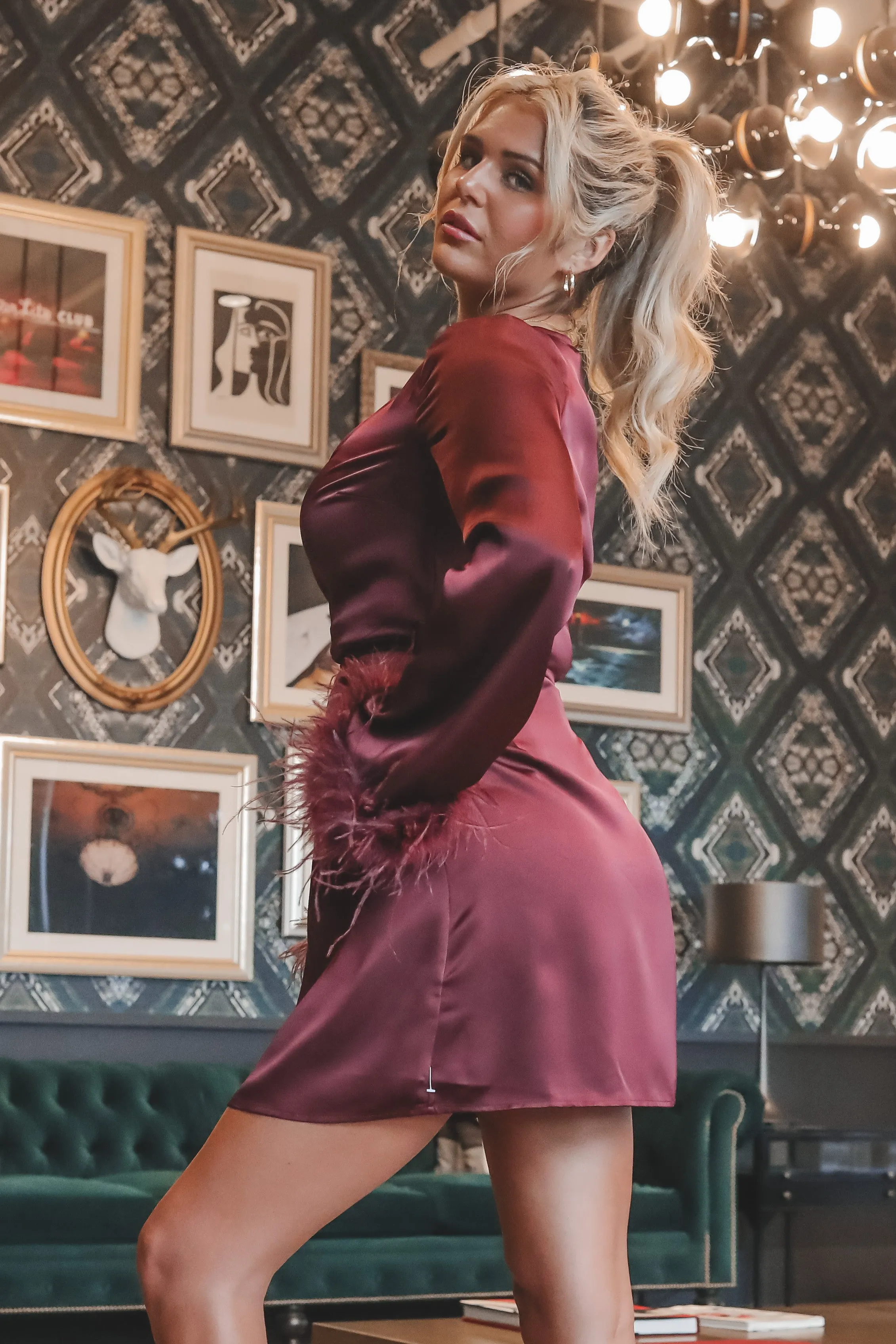 DEAL Ruffled Feathers Burgundy Satin Wrap Dress