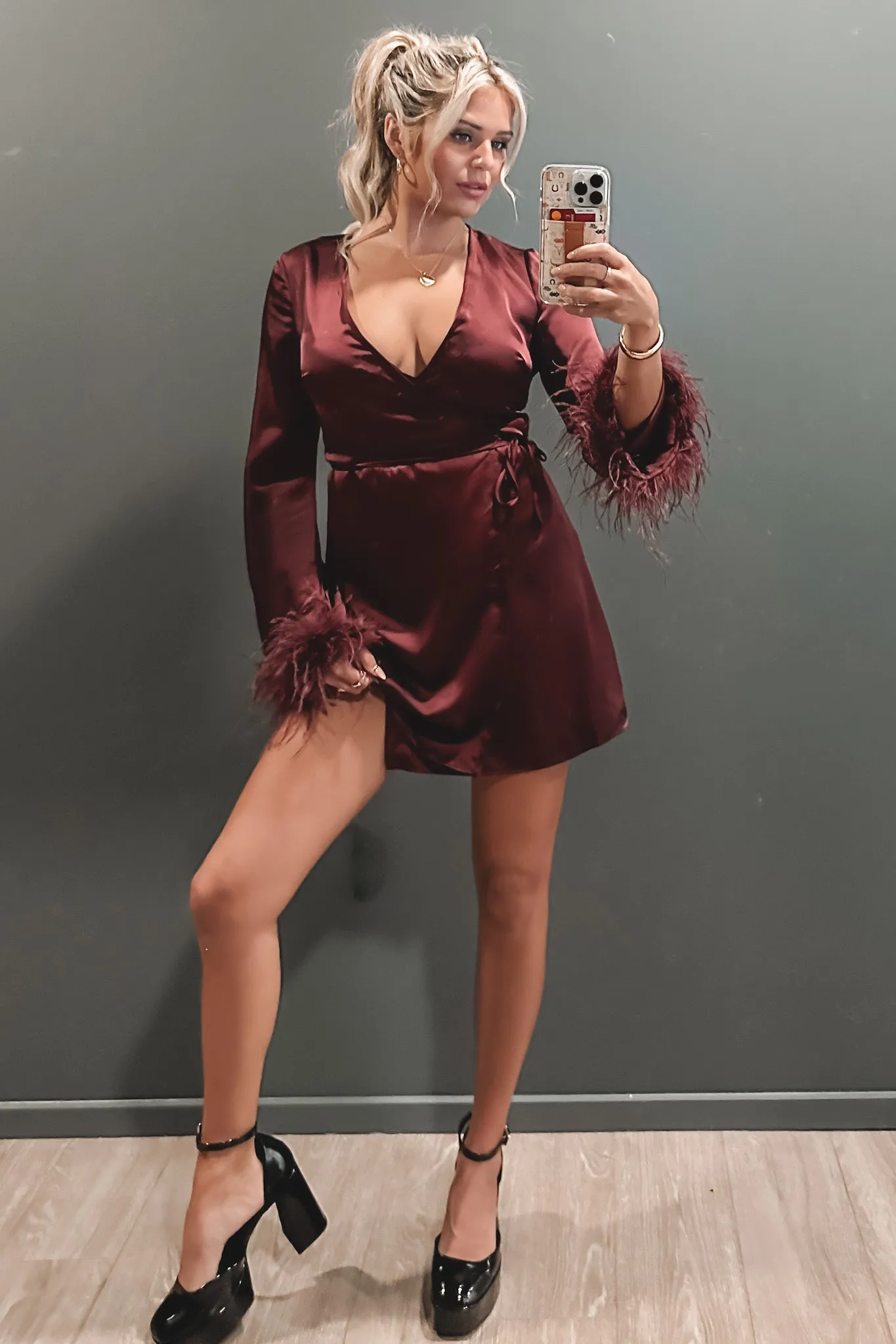 DEAL Ruffled Feathers Burgundy Satin Wrap Dress