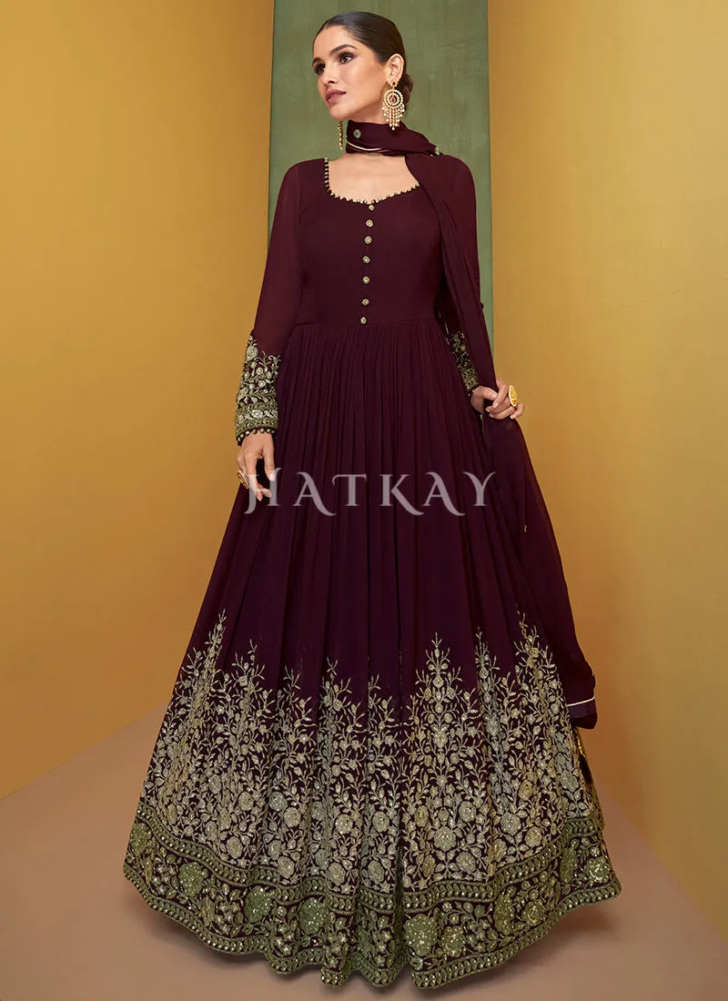 Deep Maroon Sequence Embroidery Wedding Anarkali Suit