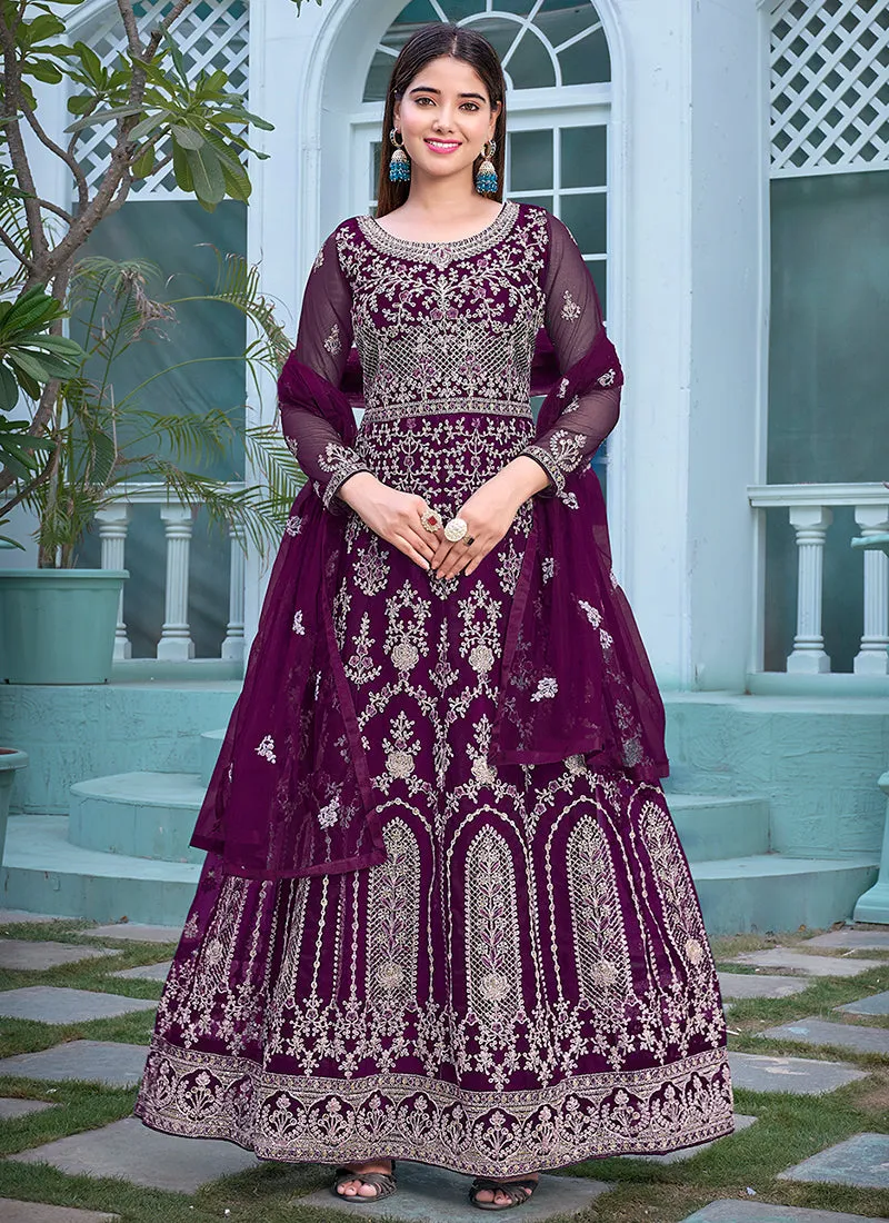 Deep Purple Embroidery Traditional Anarkali Suit