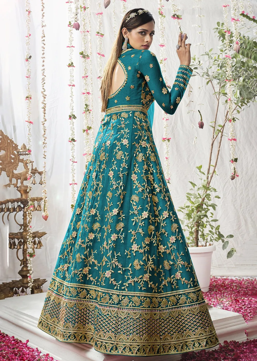 Engaging Cyan Blue Wedding Festive Floor Length Anarkali Suit