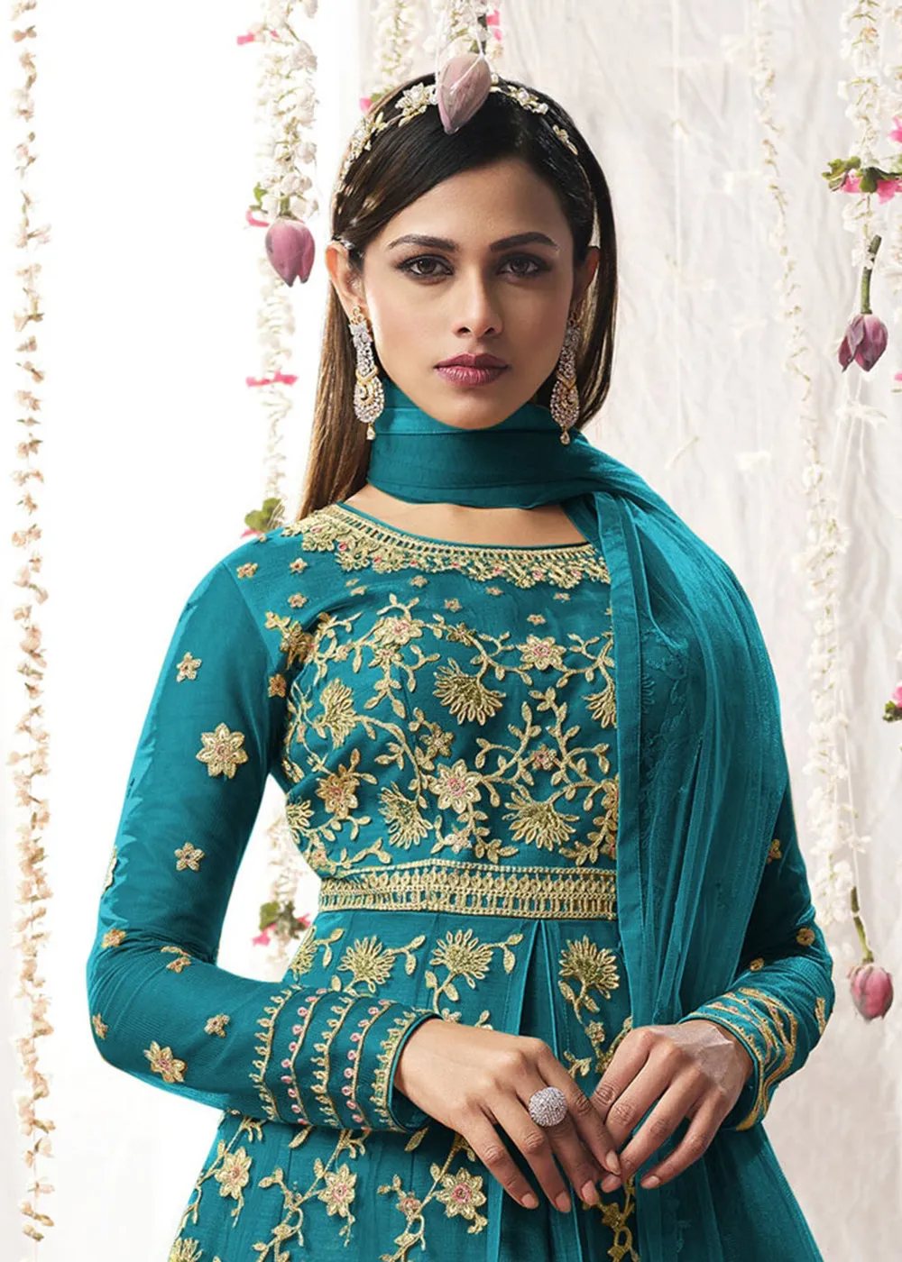 Engaging Cyan Blue Wedding Festive Floor Length Anarkali Suit