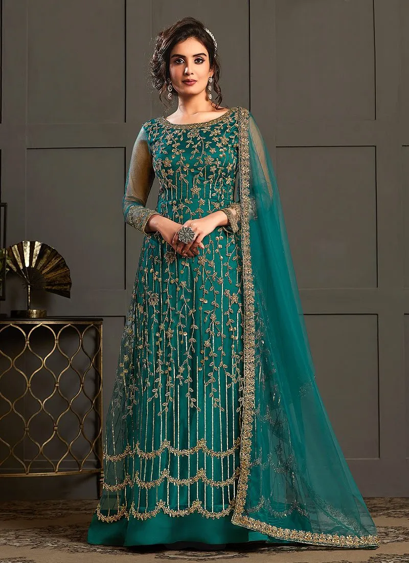 Engaging Teal Embroidered Net Designer Anarkali Gown